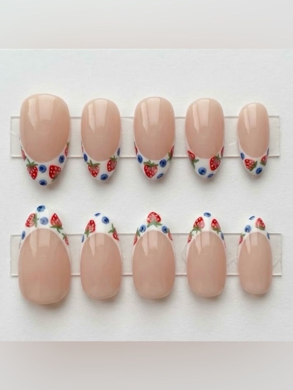Nude French Tip Press-On Nails with Strawberry & Blueberry Accents